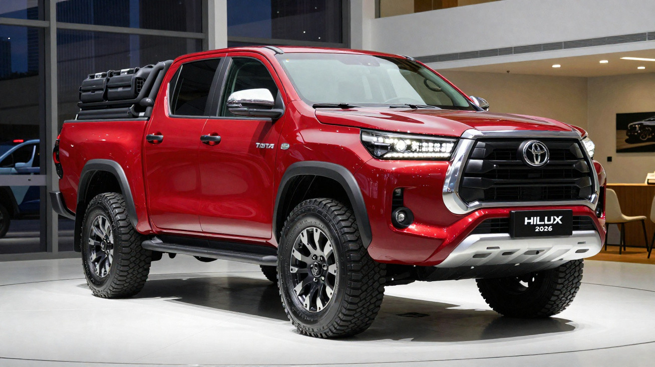 Pick-up Toyota Hilux 2026 vermelha com pneus robustos, mostrada numa exposição interior.