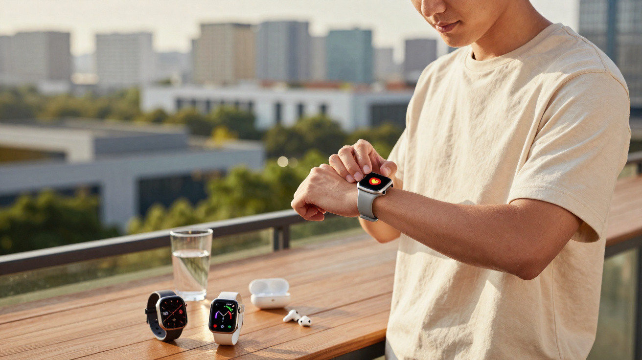 Pessoa a usar smartwatch cinzento junto a mesa com outros dois relógios inteligentes e auscultadores brancos ao ar livre.
