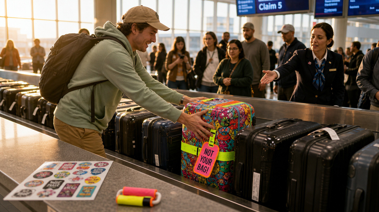 Homem com mochila tenta recolher mala colorida que tem etiqueta rosa "NOT YOUR BAG!" numa esteira de aeroporto.