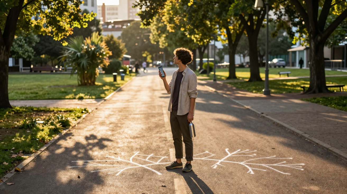 Jovem com garrafa e telemóvel, parado numa estrada com desenho de pulmões em parque iluminado pelo sol.