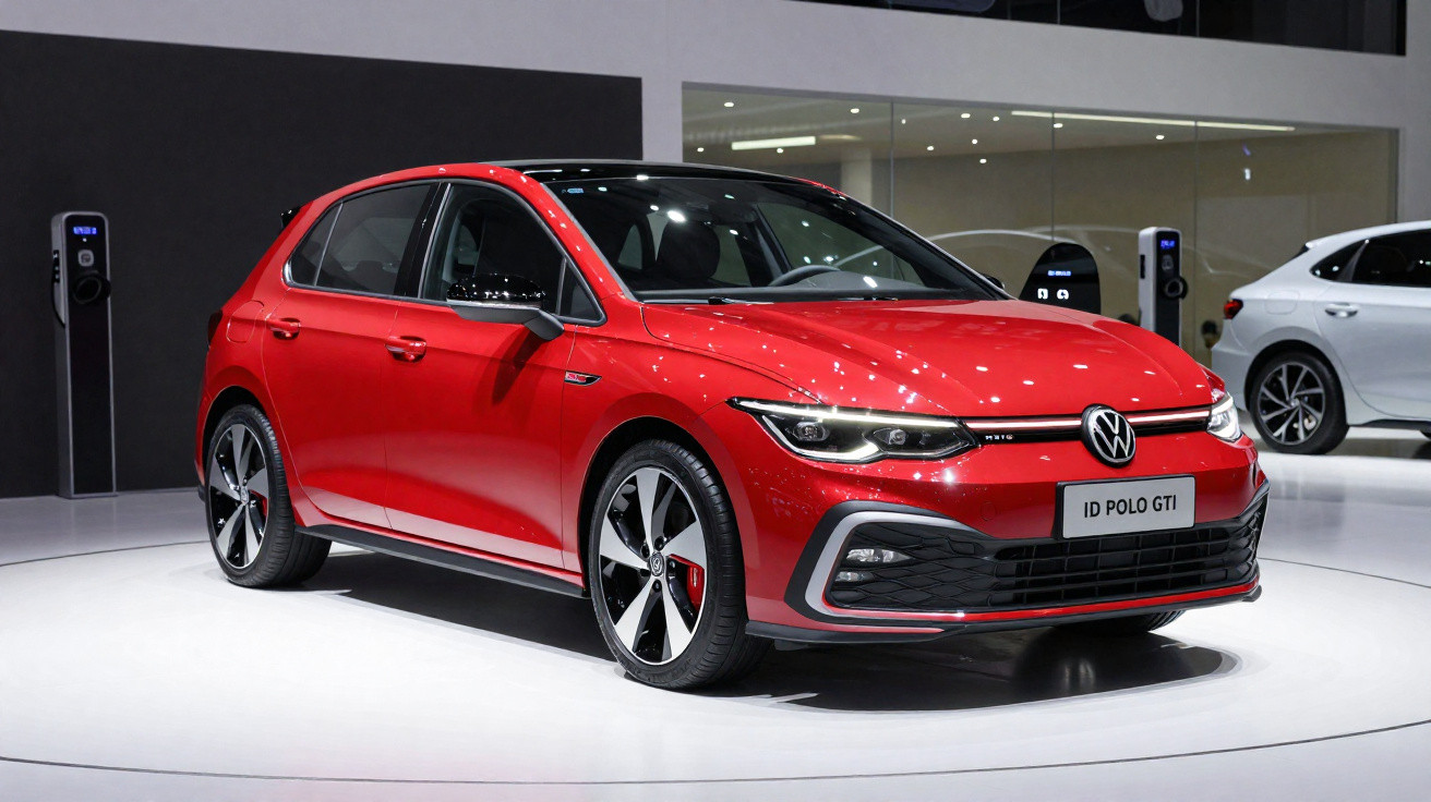 Automóvel vermelho Volkswagen ID Polo GTI exposto em salão, visto de frente e lado direito.