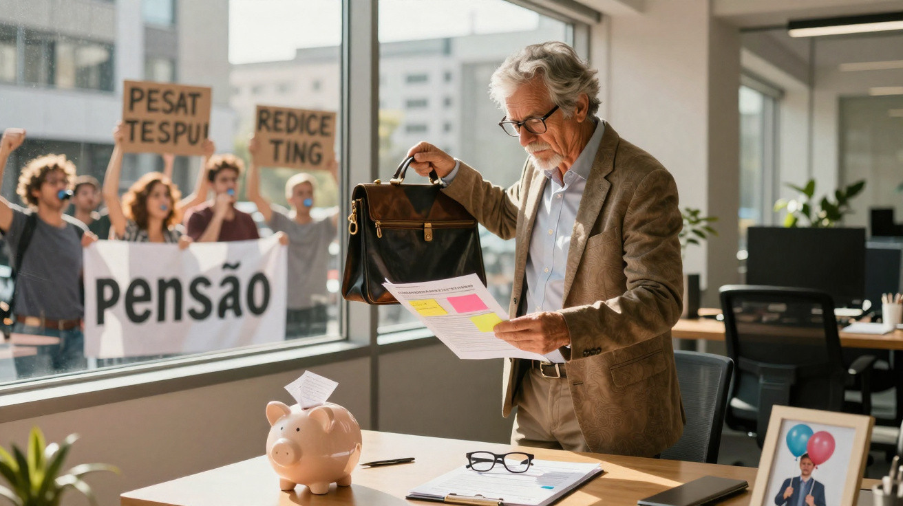 Homem idoso no escritório a ler documento, com grupo a protestar do lado de fora por pensões.
