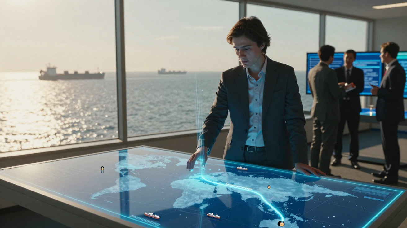 Homem de negócios analisa mapa digital interativo num escritório com vista para o mar e navios ao fundo.