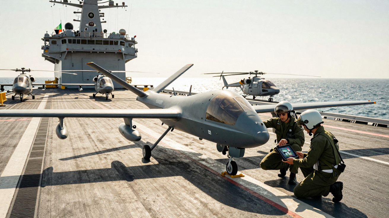 Drone militar no convés de um porta-aviões com dois técnicos a operá-lo, com dois helicópteros ao fundo.