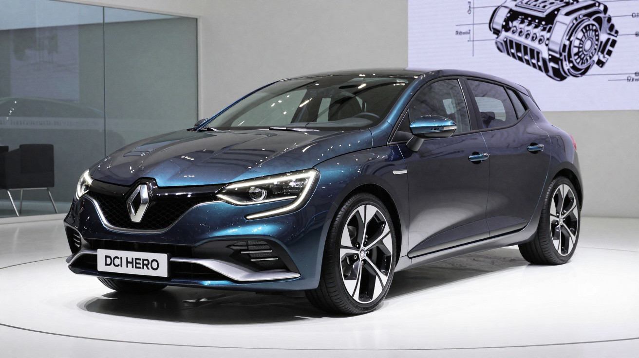 Carro desportivo Renault DCI Hero azul metálico apresentado numa exposição, com design moderno e faróis LED.