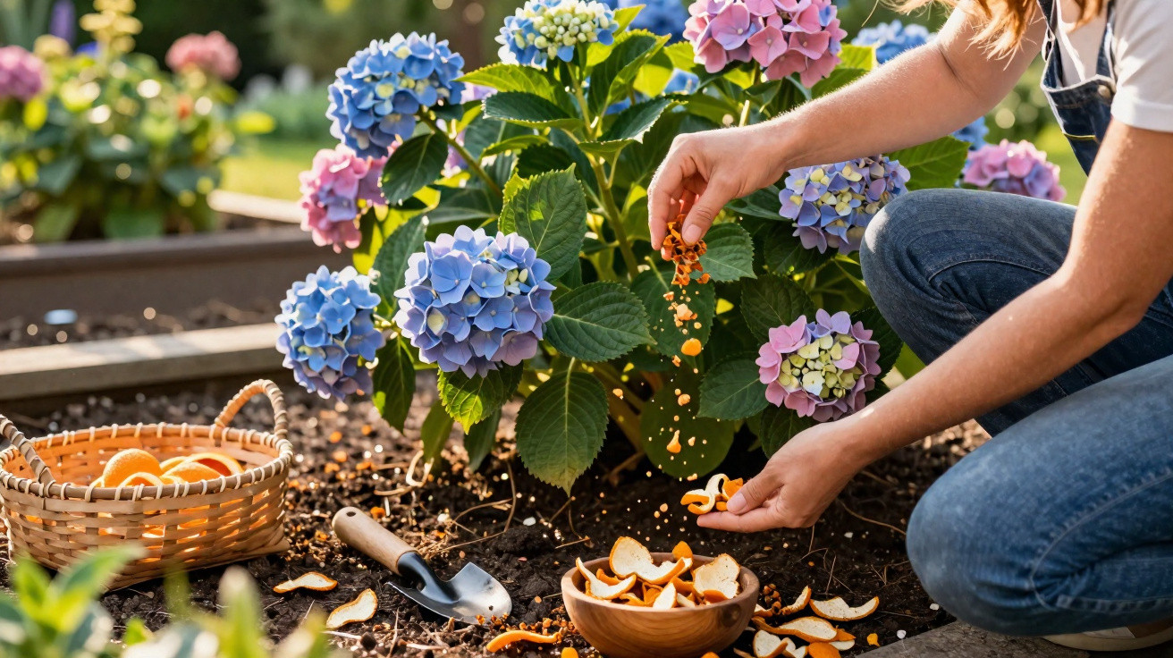 Pessoa a espalhar cascas de laranja junto a hortênsias azuis e cor-de-rosa num jardim ensolarado.