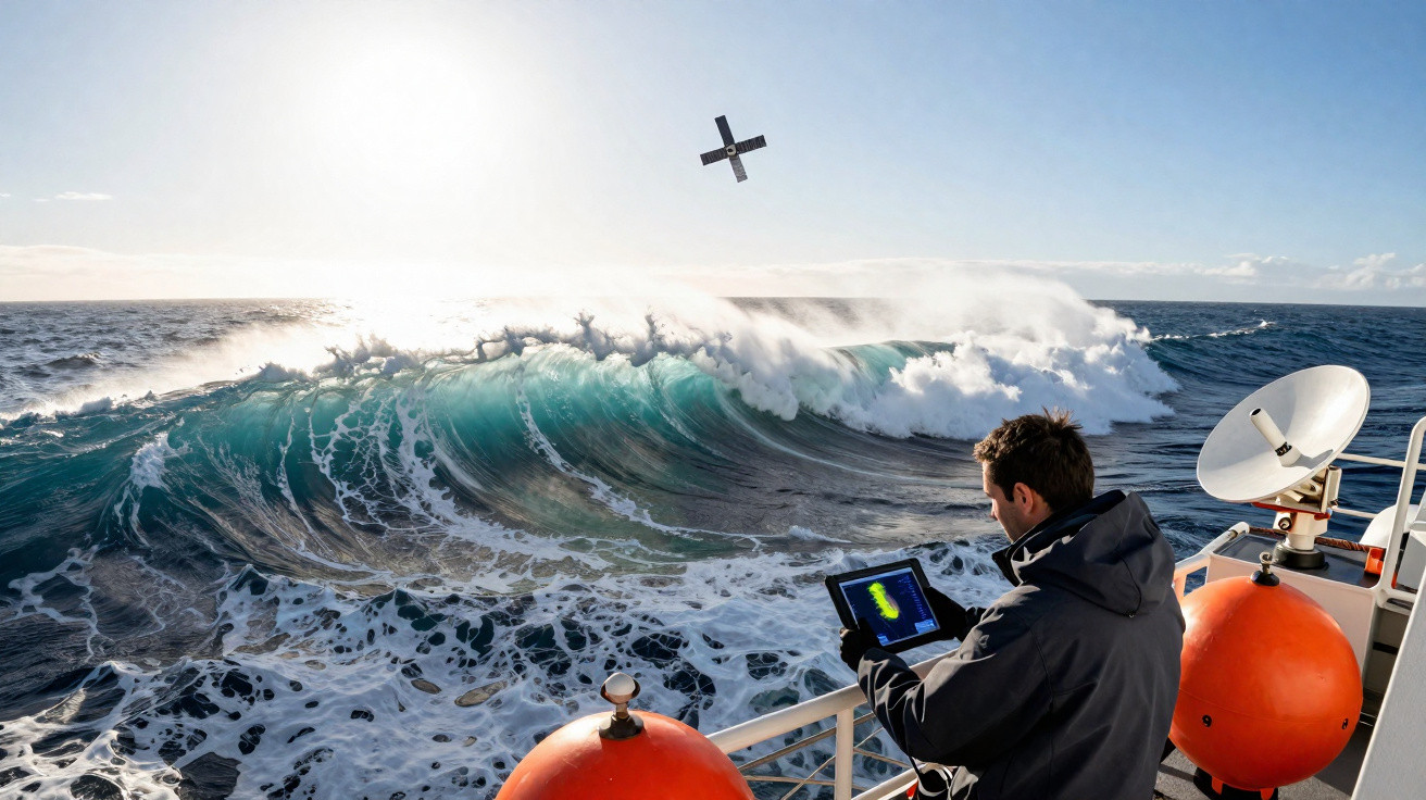 Homem num barco a monitorizar ondas do mar com tablet, enquanto um drone voa no céu nublado.