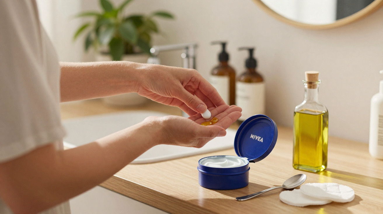 Mãos femininas a aplicar comprimidos e cápsulas junto a um creme Nivea num balcão de casa de banho.