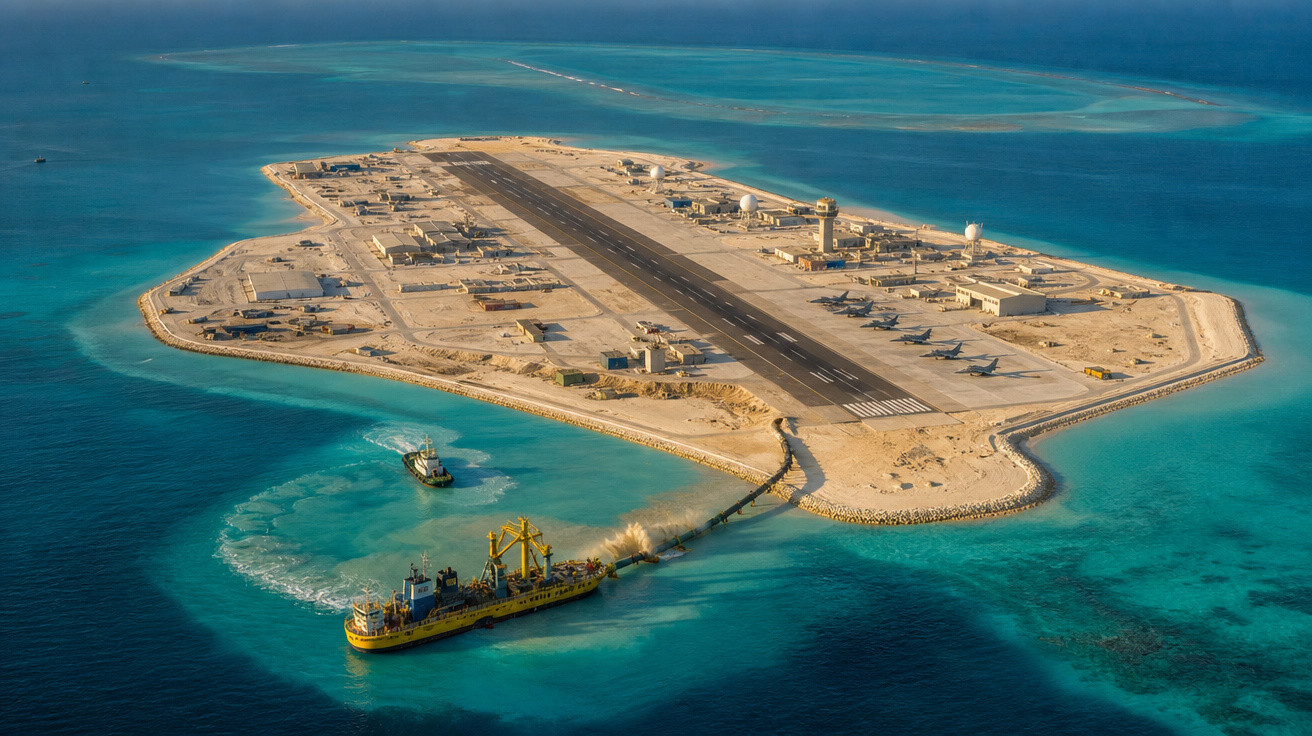 Vista aérea de ilha artificial com pista de aterragem e embarcação amarela a circular na água azul-turquesa.