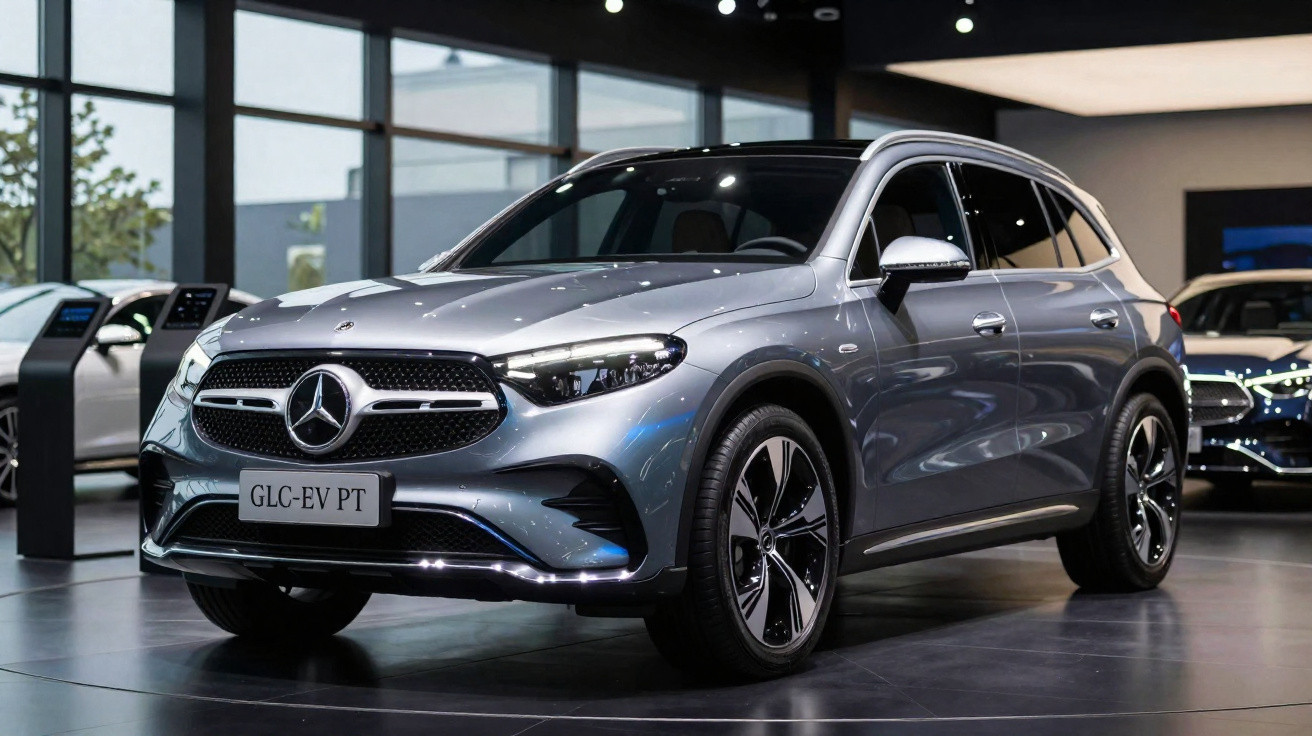 Mercedes-Benz GLC EV prata exposto numa sala de showroom moderna com iluminação suave.