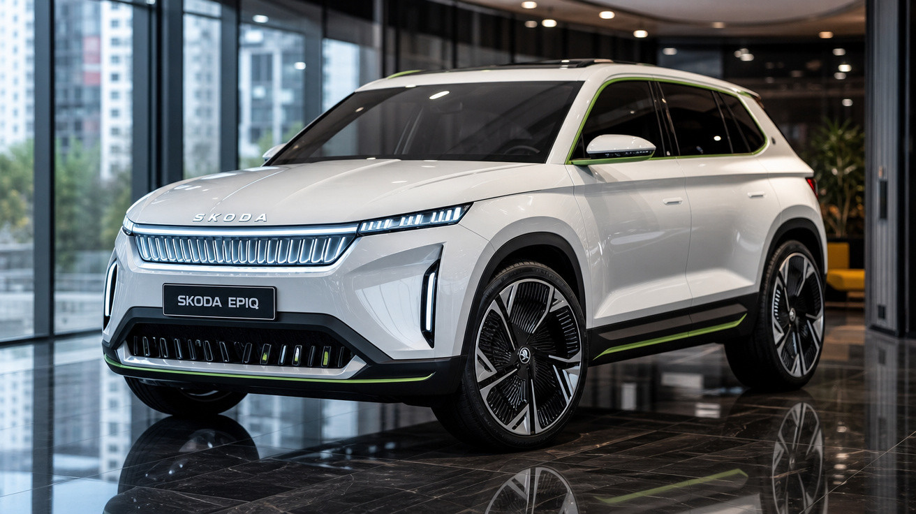 Carro elétrico SUV Škoda Epiq branco com detalhes verdes numa exposição moderna interior.