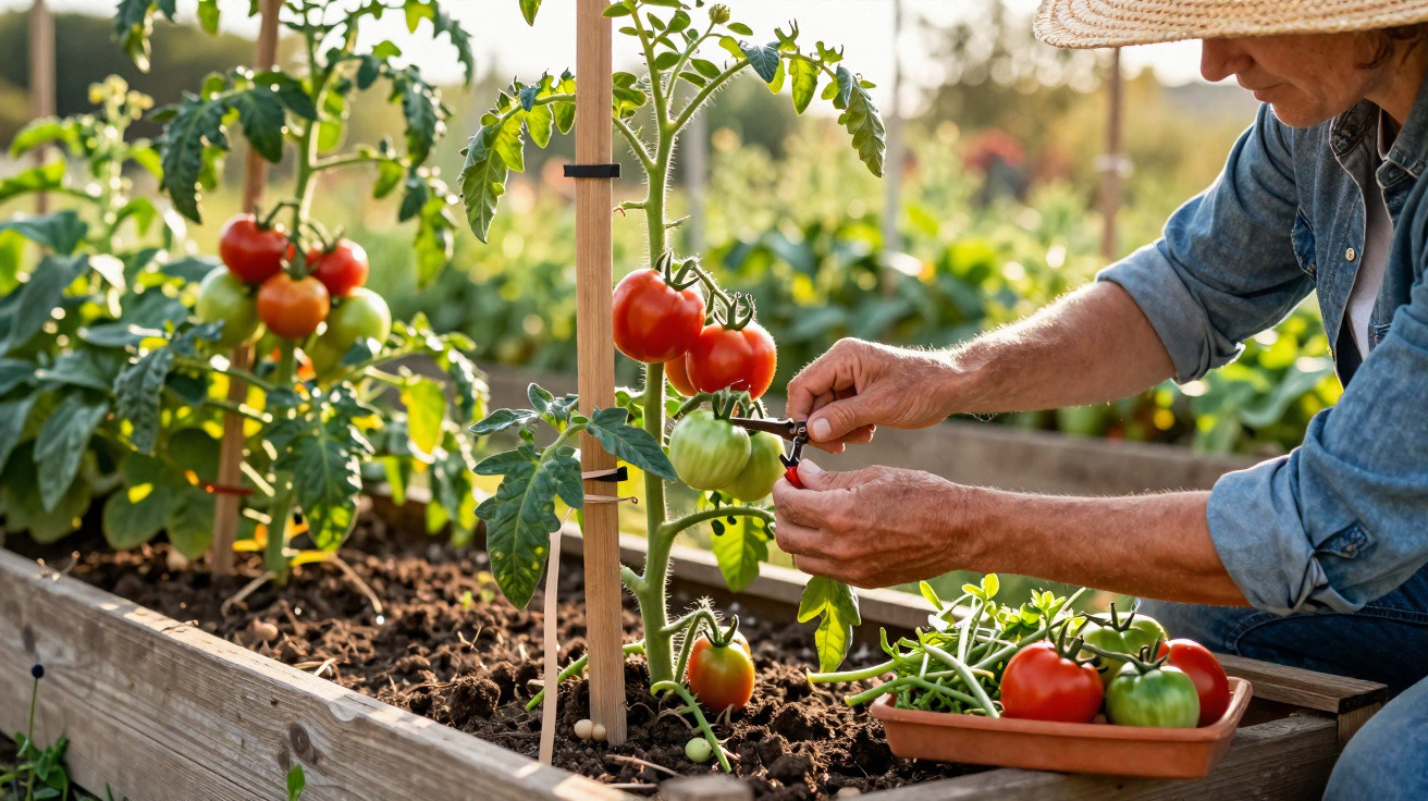 Pessoa a colher tomates maduros numa horta elevada em dia soalheiro com plantações verdes.