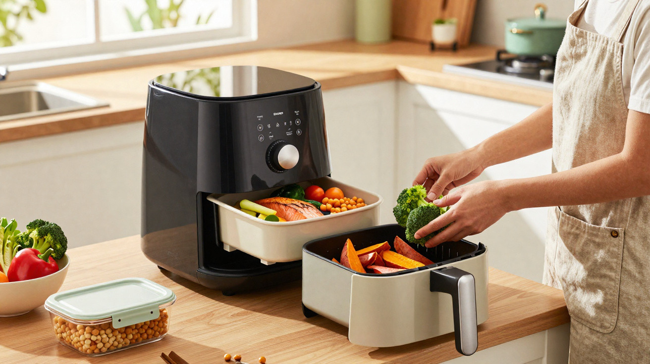 Pessoa a colocar brócolos numa fritadeira sem óleo cheia de legumes na cozinha moderna.