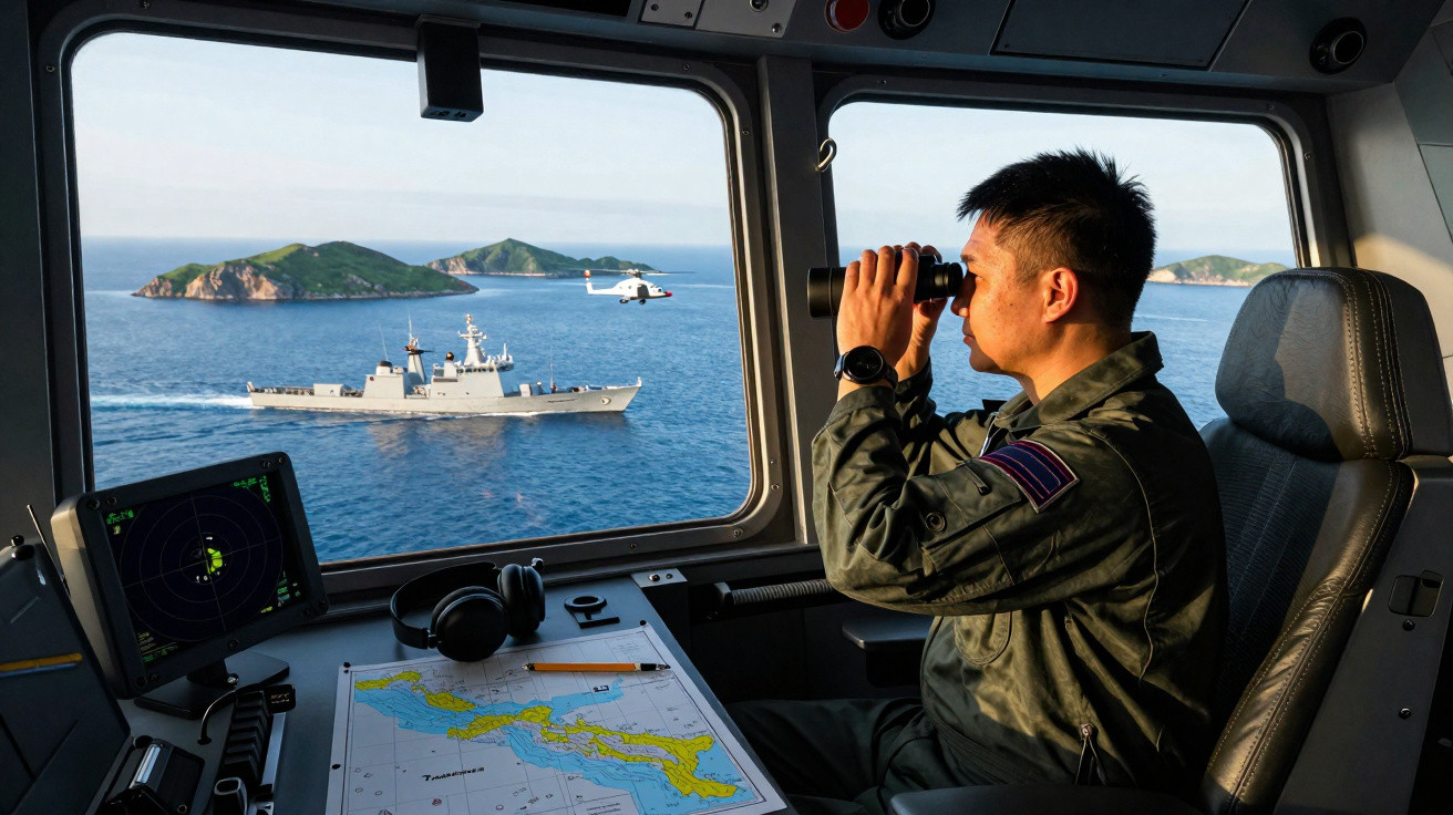 Homem em uniforme observa com binóculos um navio de guerra e um helicóptero no mar, visto de dentro de um navio.