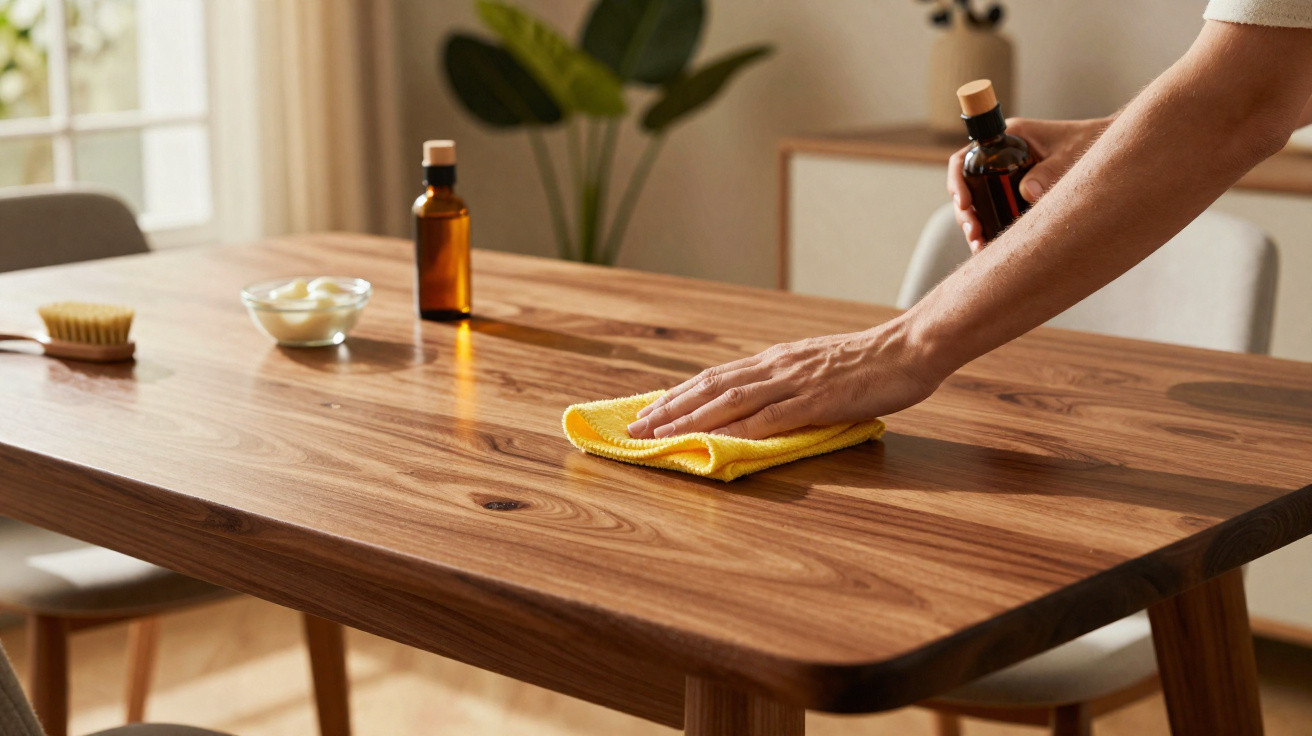 Pessoa a limpar uma mesa de madeira com pano amarelo num ambiente luminoso e arrumado.