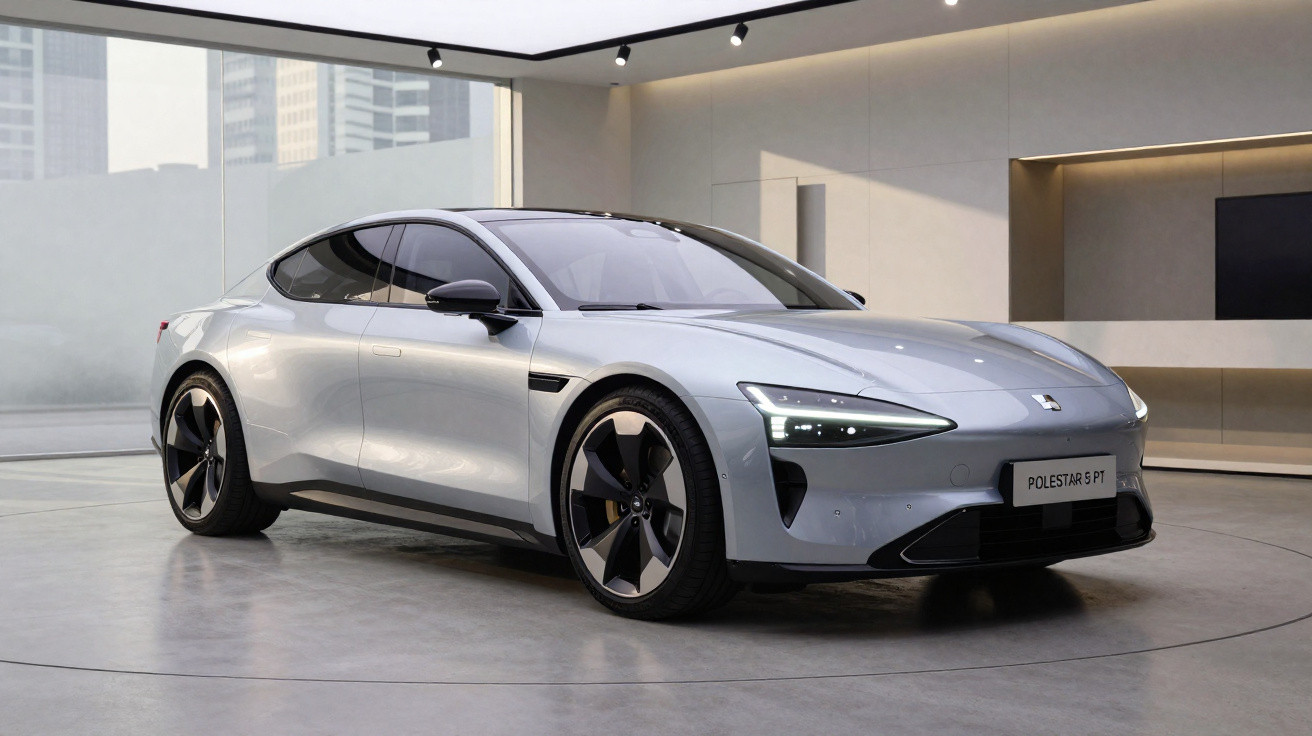 Carro elétrico Polestar 5 PT cinza prateado em ambiente interno moderno com janelas amplas e iluminação de teto.