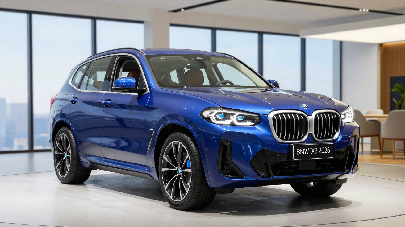 BMW iX3 2026 azul estacionada em ambiente interior moderno com janelas amplas.