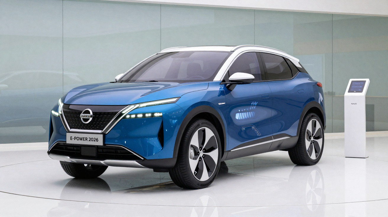 Carro elétrico azul Nissan E-Power 2026 em exposição num salão moderno e minimalista.
