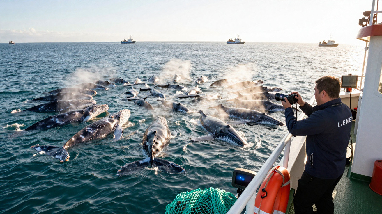 Homem fotografa grupo de baleias que emergem e expelem ar junto a barco no mar calmo.