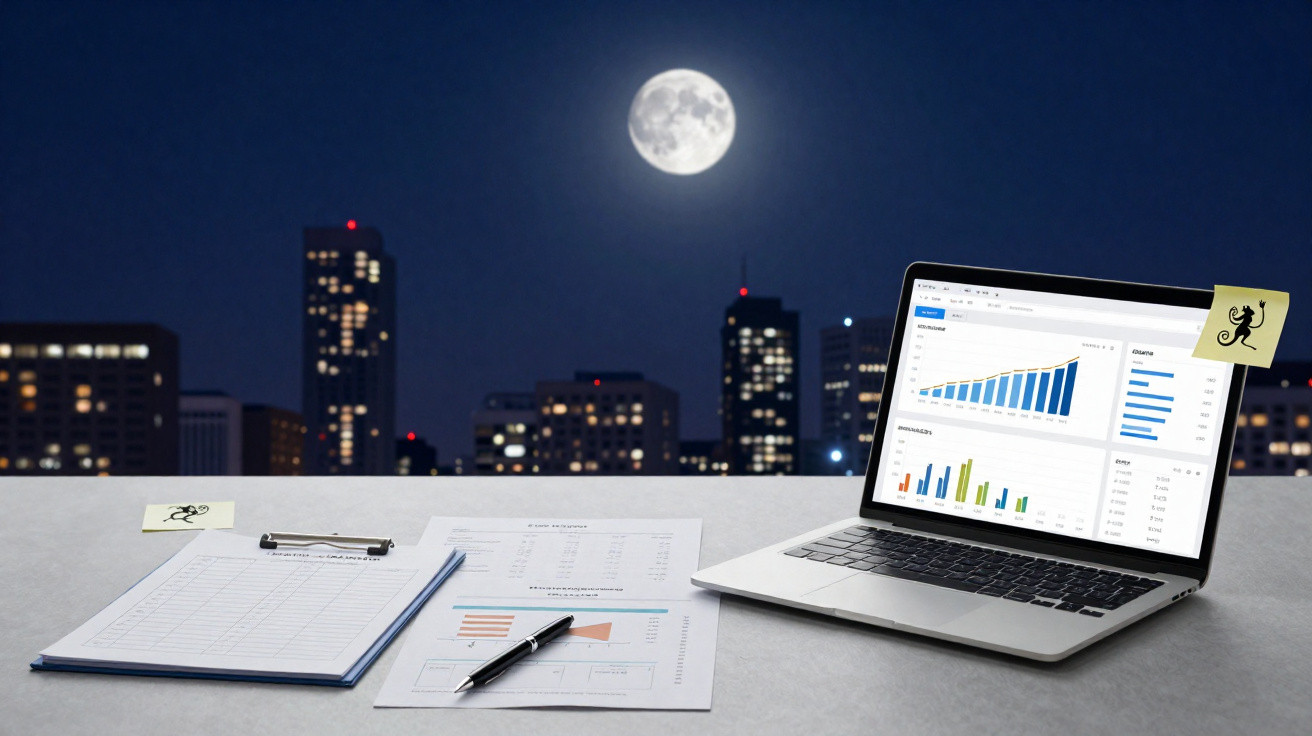 Mesa com computador portátil, documentos e caneta à noite com vista da cidade iluminada e lua cheia.