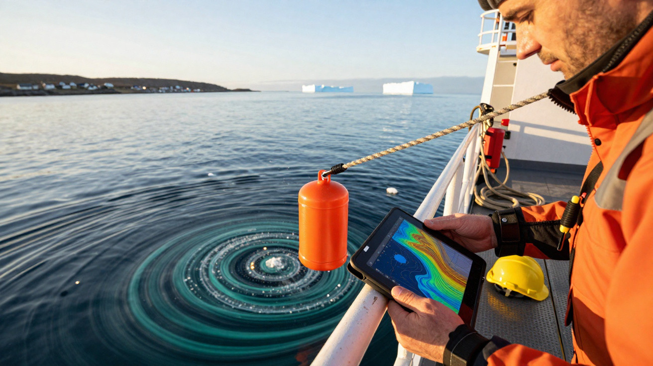 Homem com traje de proteção vê dados num tablet perto de equipamento científico junto a água com icebergues ao fundo.
