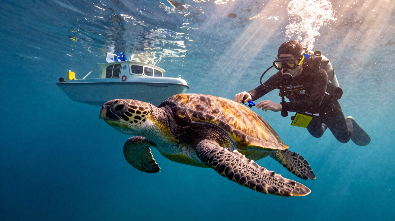 Mergulhador a nadar próximo a uma tartaruga marinha com um barco à superfície do mar ao fundo.