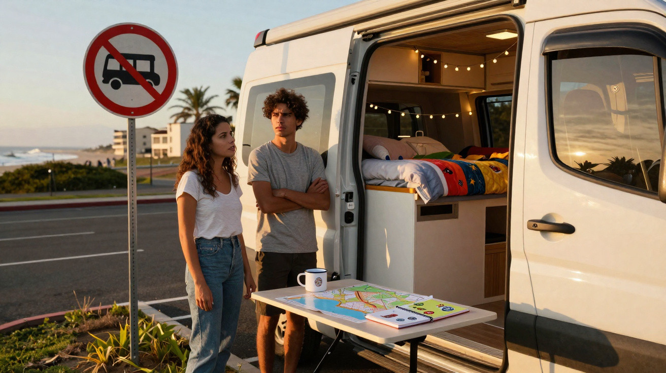 Casal junto a autocaravana com mesa e mapa, junto a sinal de proibição de autocaravanas na praia ao pôr do sol.