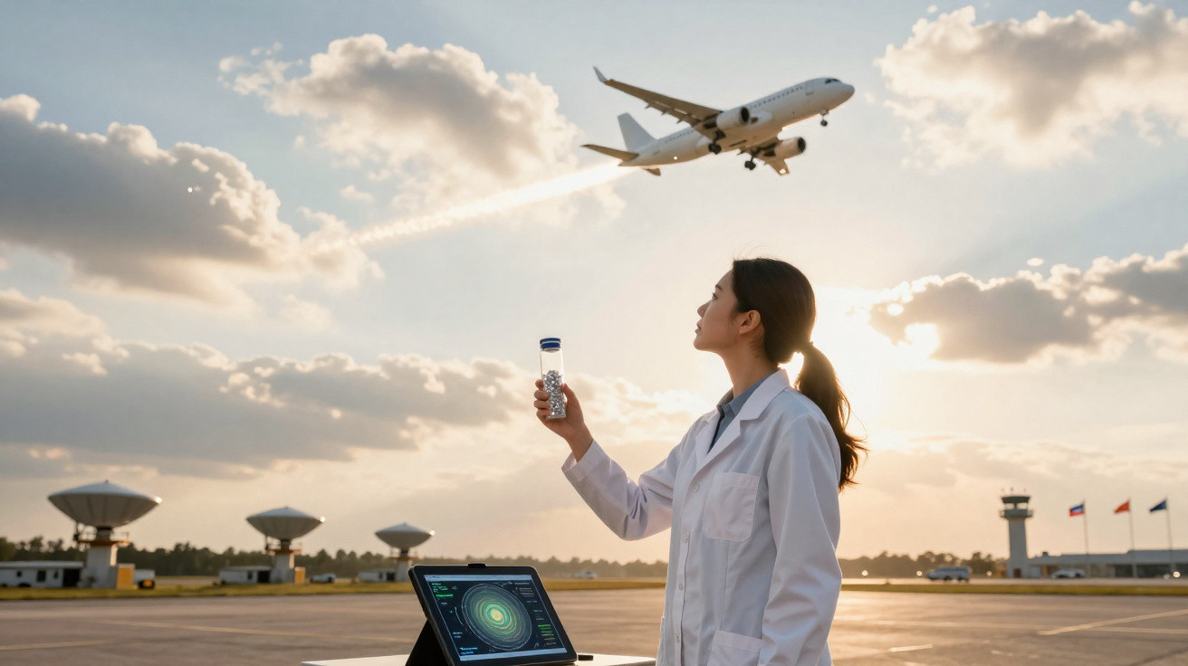 Mulher cientista com bata branca segura frasco e observa avião a descolar num aeroporto ao pôr do sol.