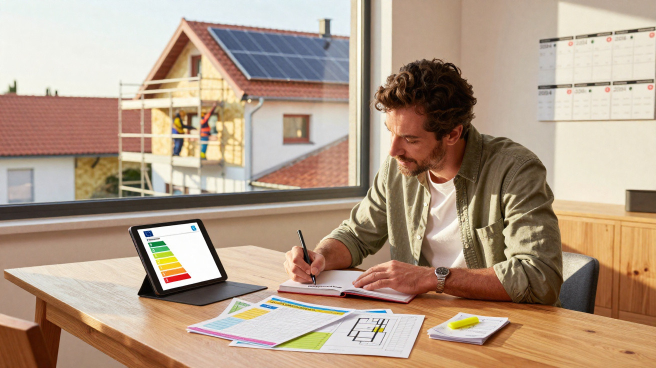 Homem a trabalhar numa secretária com documentos e tablet com gráfico, casas com painéis solares visíveis pela janela.
