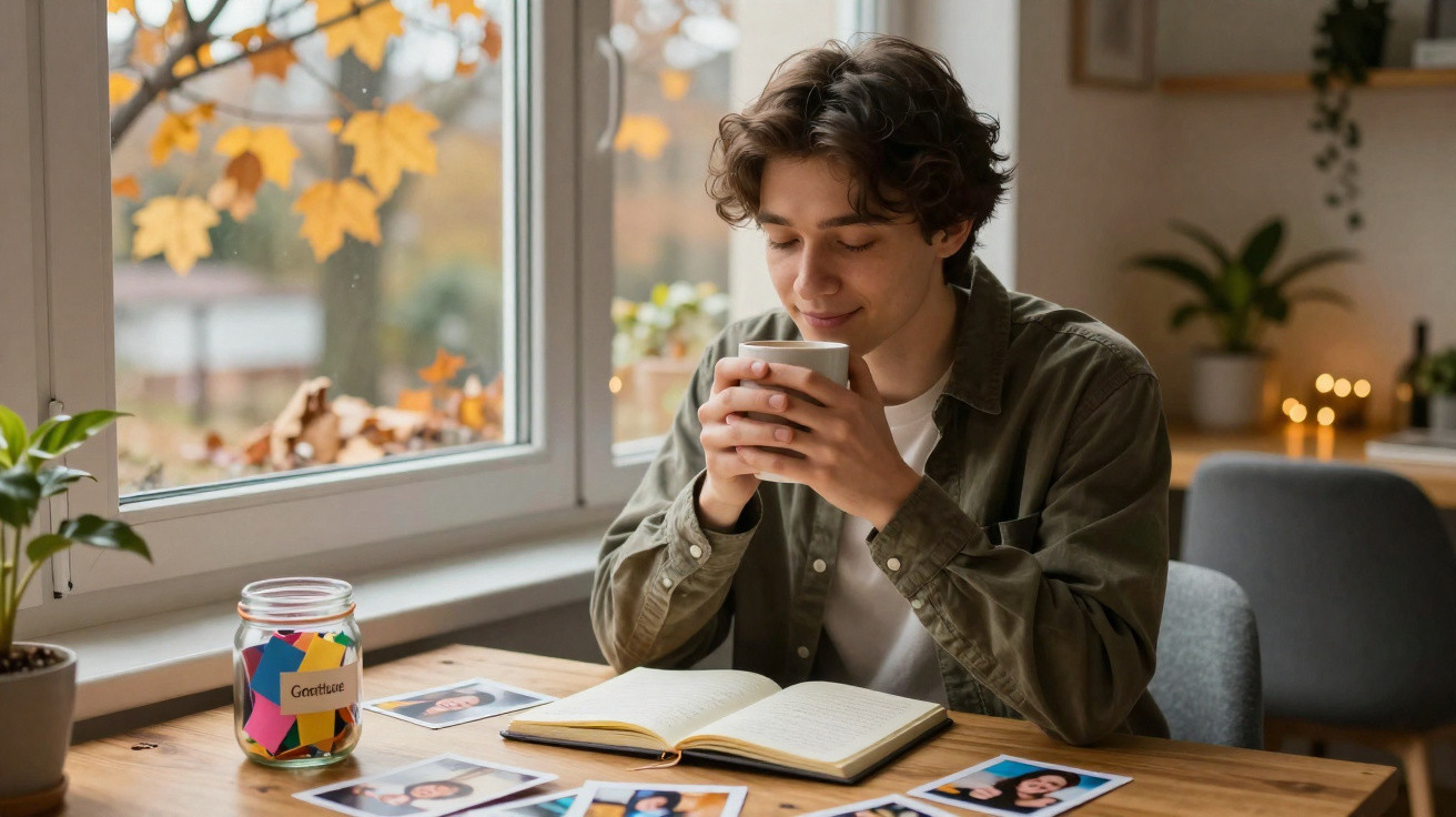 Jovem sentado à mesa a beber chá, com caderno aberto e fotografias espalhadas, junto a janela com vista de outono.