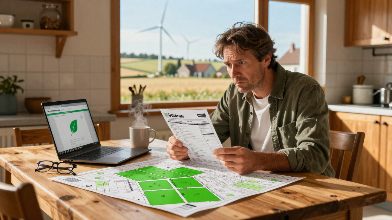 Homem sentado à mesa, a analisar documentos e mapas de terrenos, com moinho de vento visível pela janela atrás.
