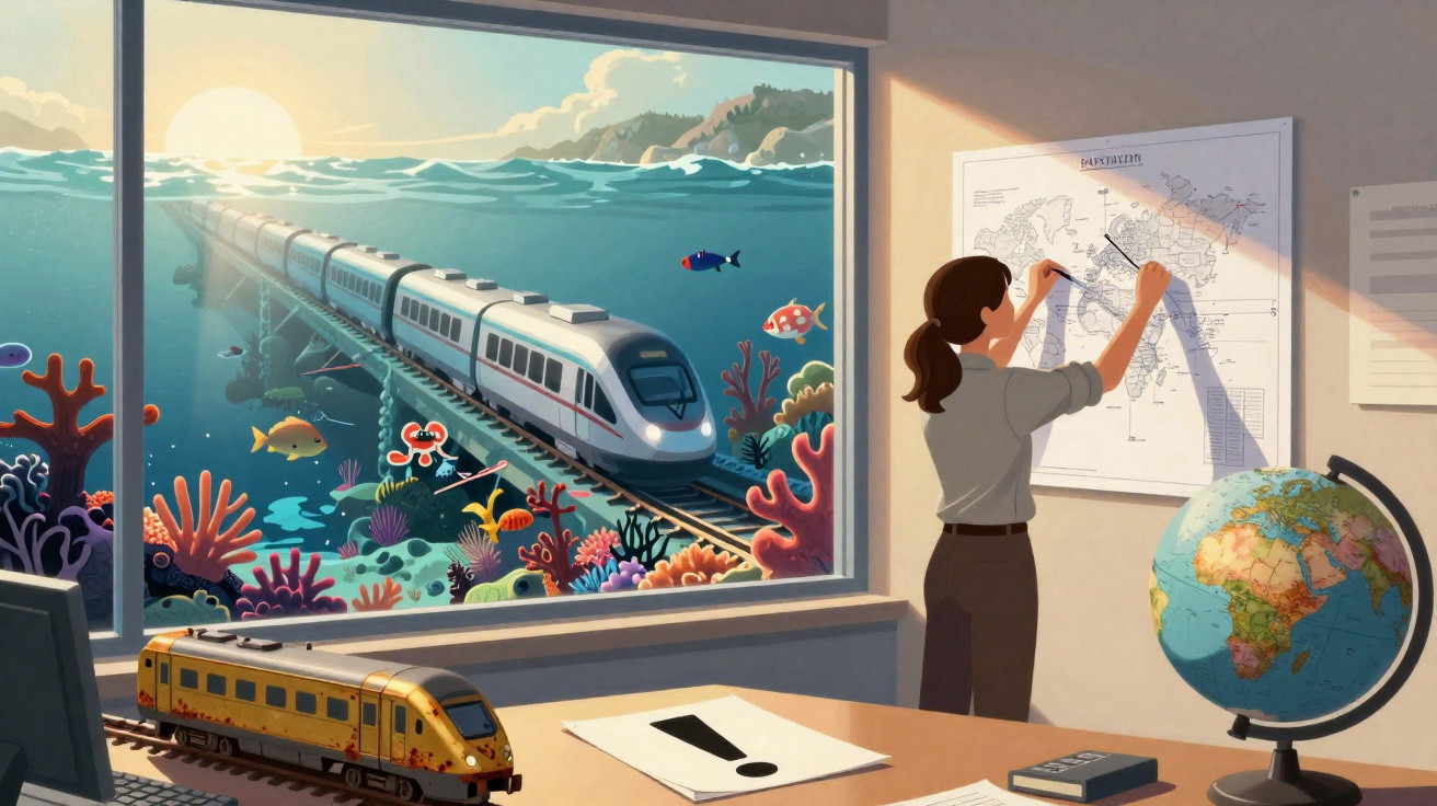 Mulher a marcar eventos num mapa, com comboio moderno a passar sobre o oceano cheio de corais e peixes.