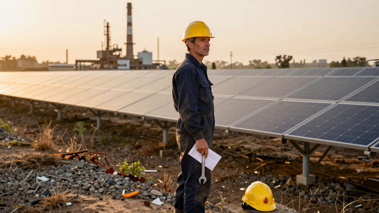 Homem com capacete amarelo e macacão azul inspeciona painéis solares ao pôr-do-sol numa central elétrica.