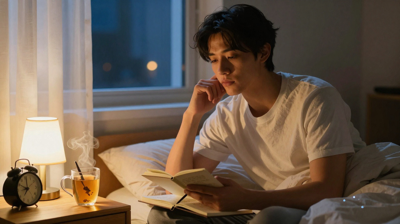 Homem jovem sentado na cama a ler um livro, ao lado de uma mesa com chá quente e despertador.