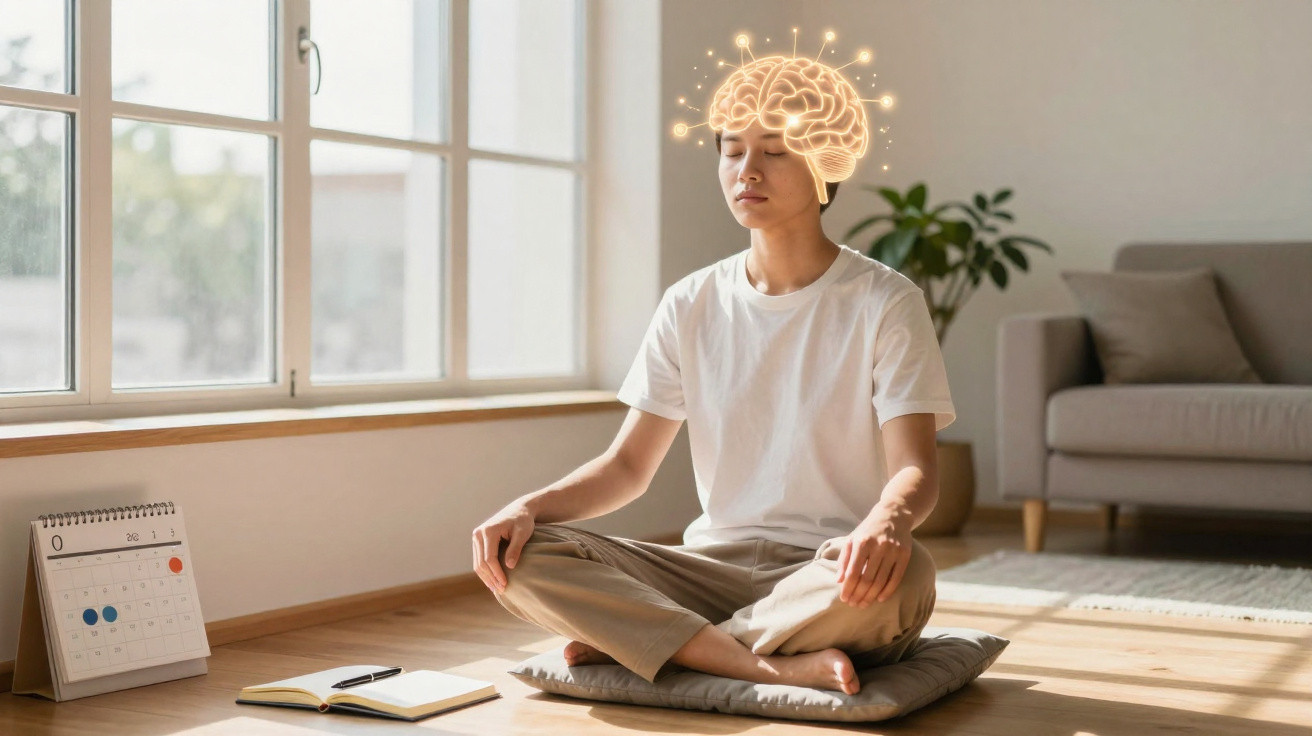 Pessoa a meditar sentada no chão com ilustração digital de cérebro iluminado acima da cabeça.