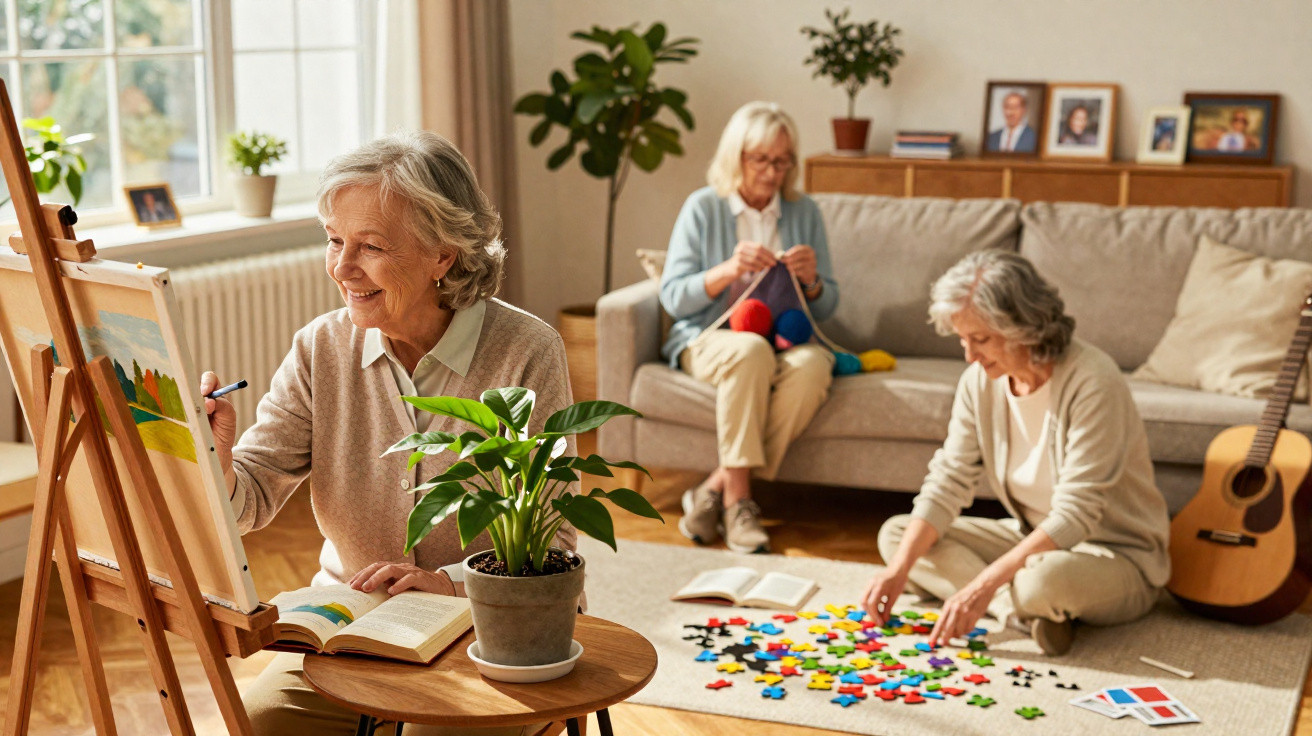 Três mulheres idosas em sala luminosa, uma pinta, outra faz puzzle, a terceira faz tricô no sofá.