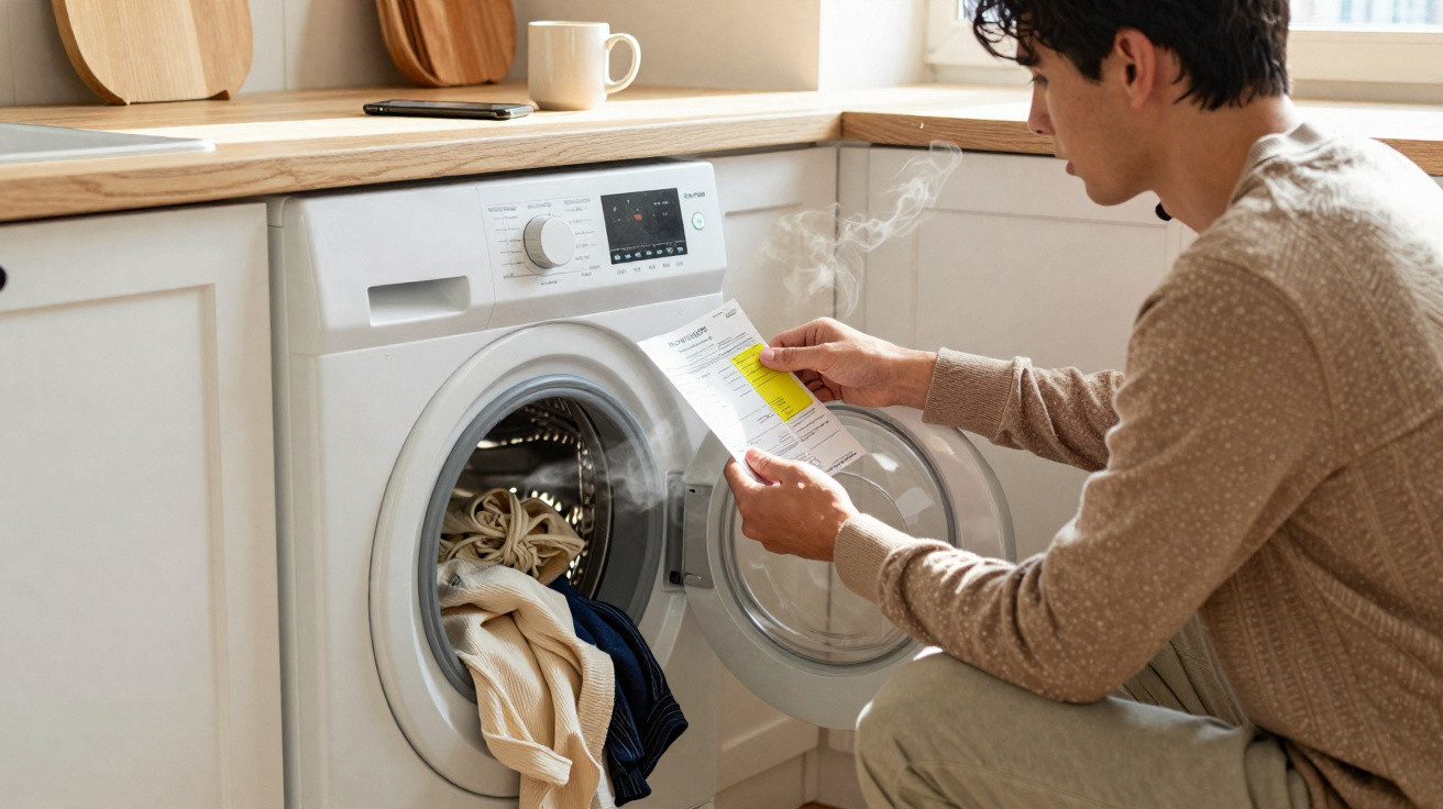 Homem verifica instruções enquanto fumaça sai da máquina de lavar roupa aberta numa cozinha moderna.