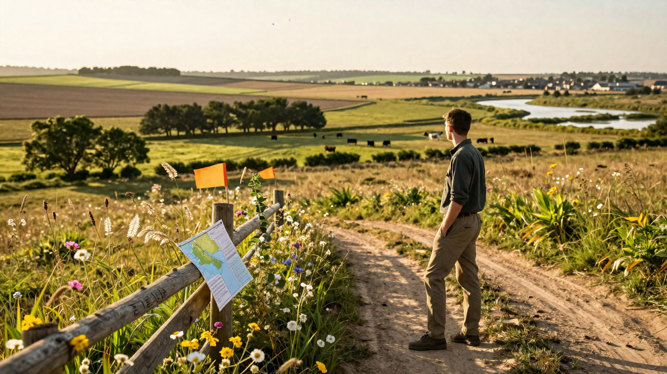 Homem contempla paisagem rural com campos, flores e vacas em caminho de terra batida ao pôr do sol.