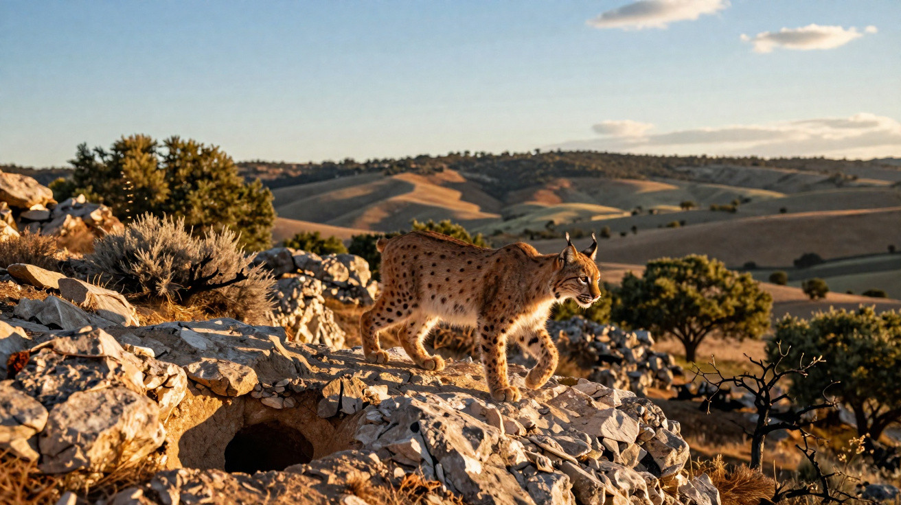 Lince ibérico caminhando em terreno rochoso com árvores e colinas ao fundo ao pôr do sol.