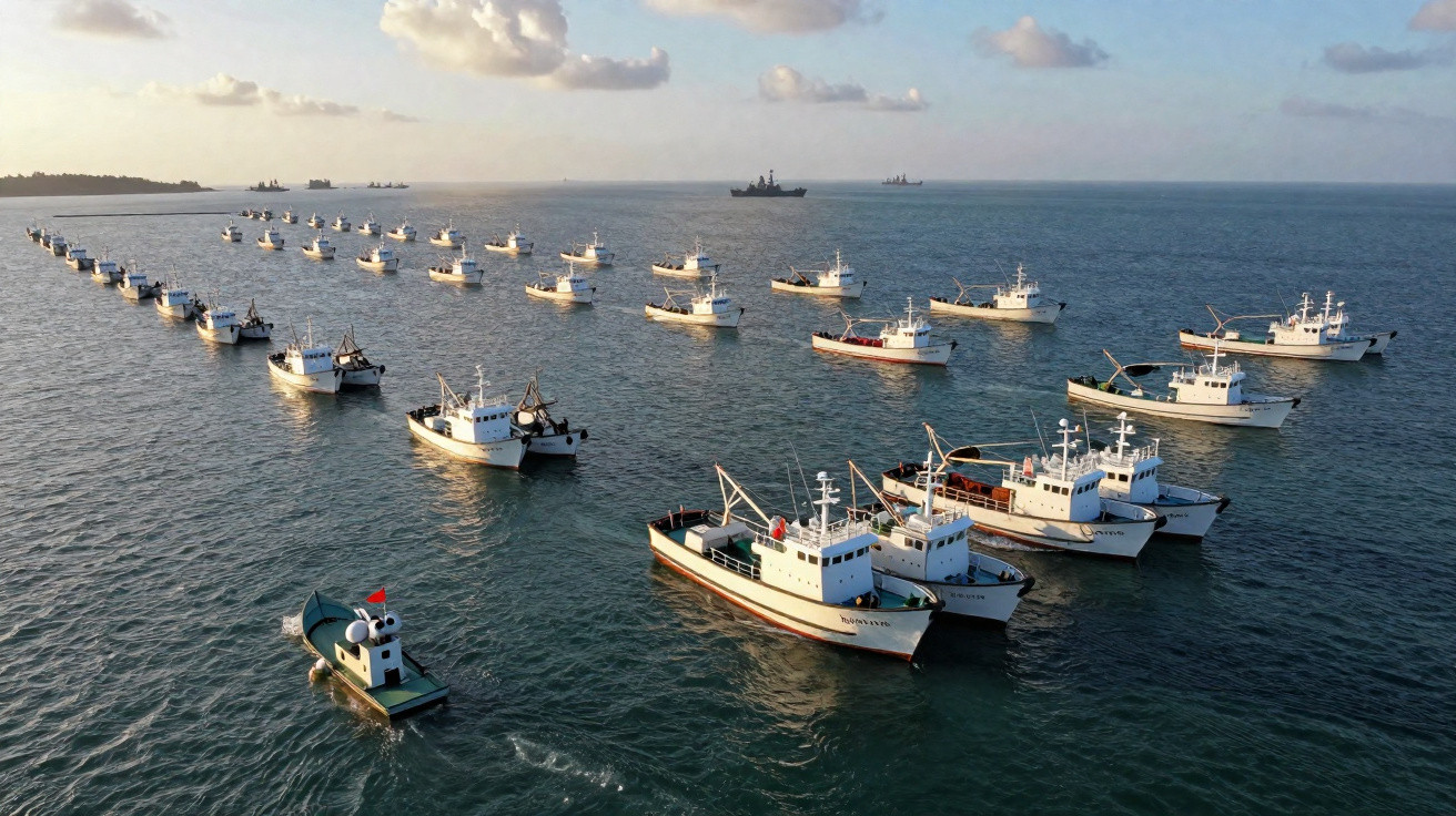 Frota de barcos de pesca alinhados no mar ao pôr do sol, com céu parcialmente nublado.