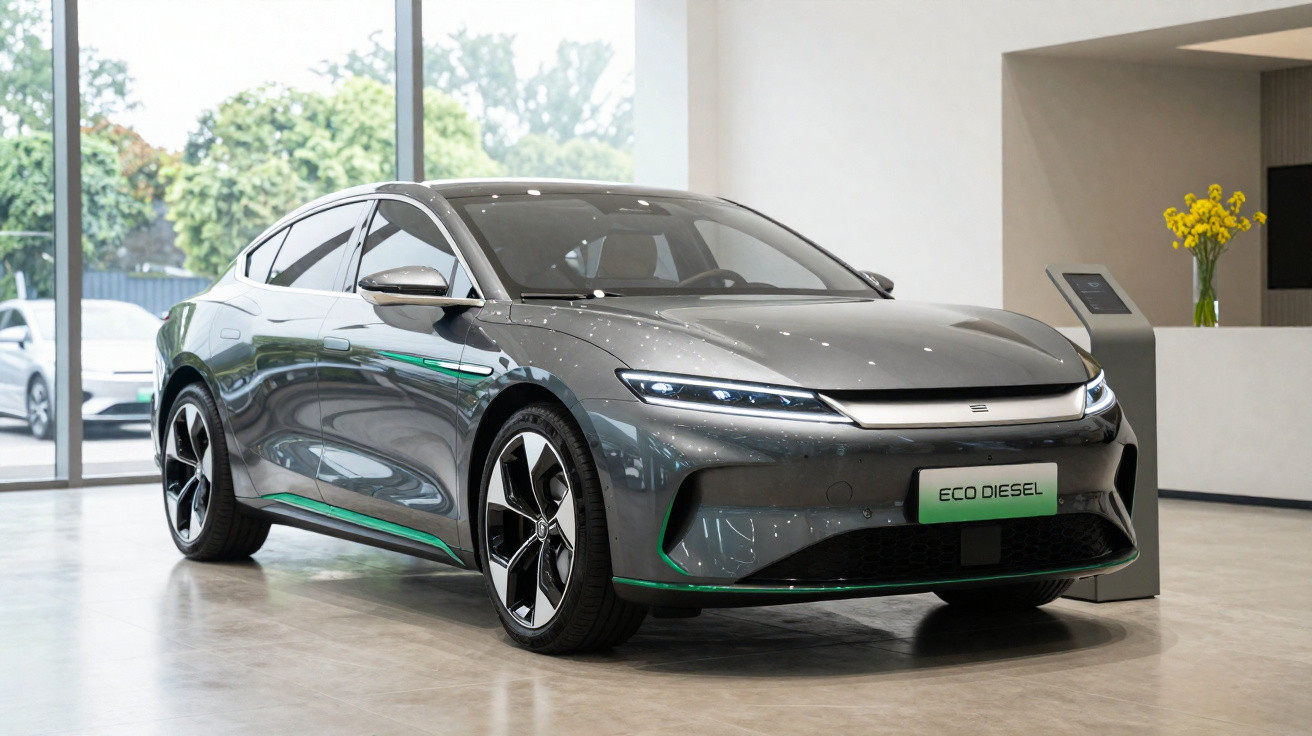 Carro cinzento moderno com detalhes verdes e matrícula "ECO DIESEL" numa sala com janelas amplas.