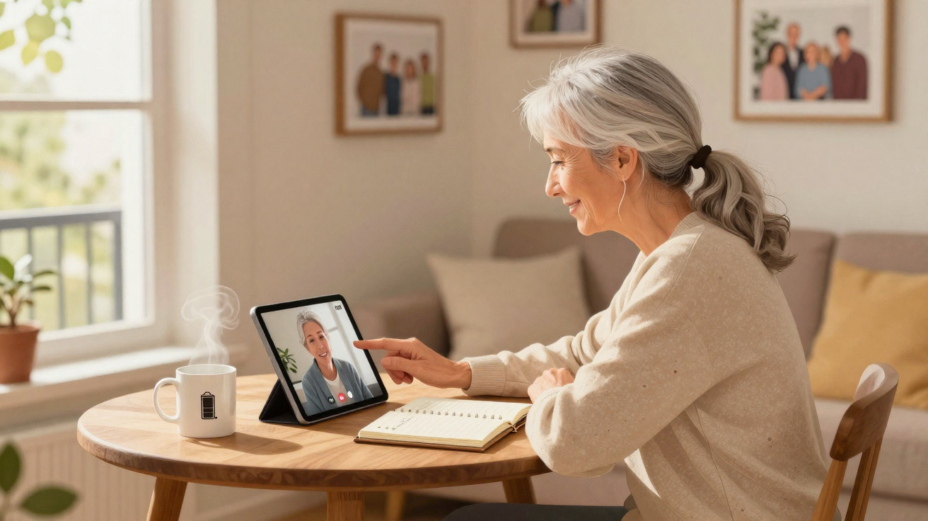 Mulher sénior sorridente a fazer videochamada num tablet, sentada numa mesa com caderno e chá fumegante.