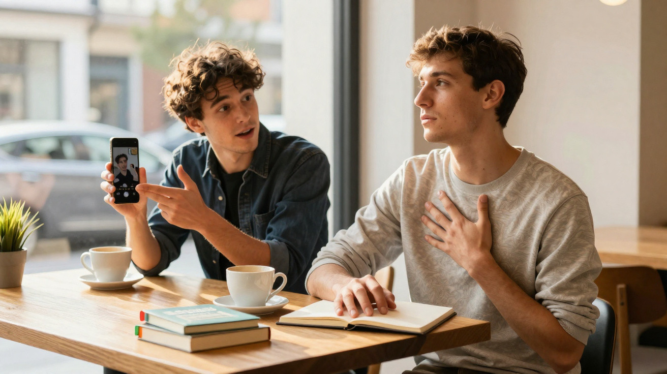 Dois jovens sentados à mesa de café, um mostra foto no telemóvel enquanto o outro parece surpreendido.