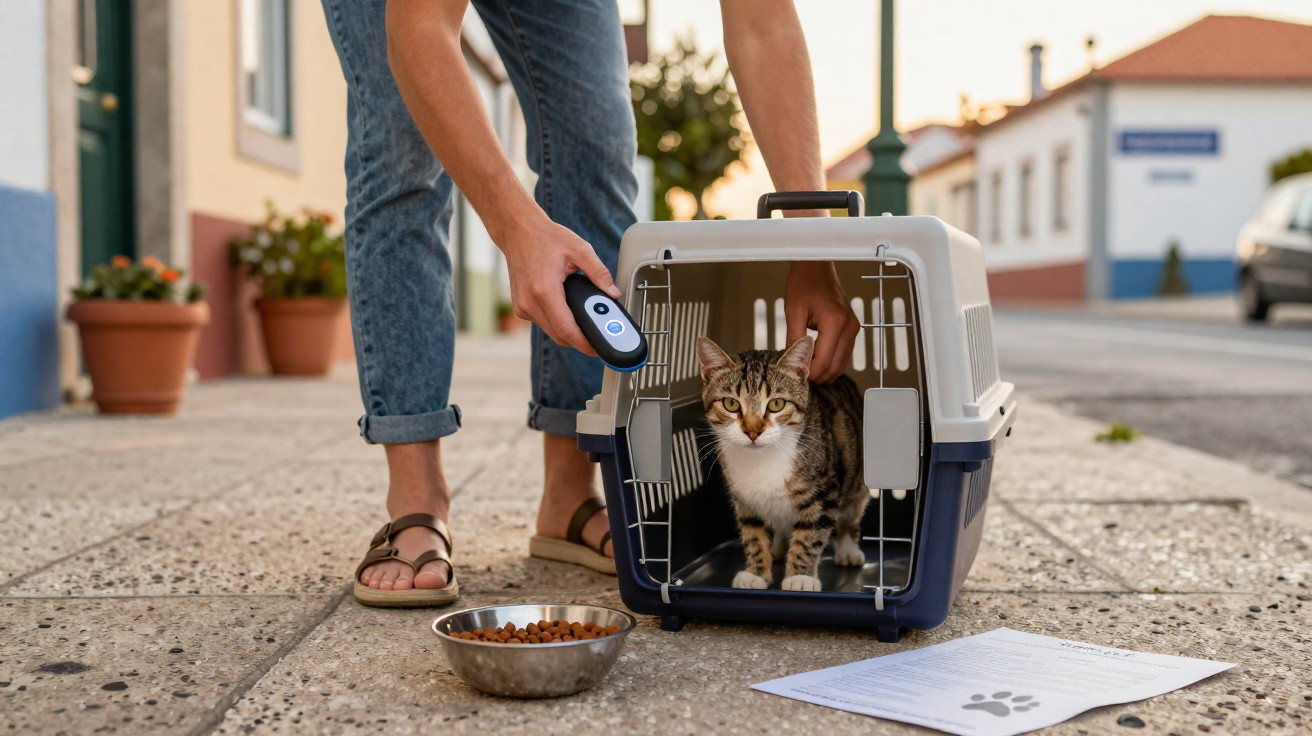 Pessoa a tirar um gato de transportadora com comida e documento na calçada numa rua residencial.