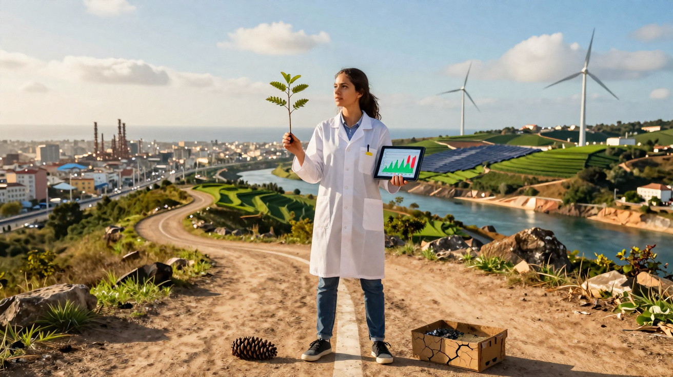 Mulher cientista num campo com turbinas, painéis solares e indústria, segurando planta e tablet com gráficos.