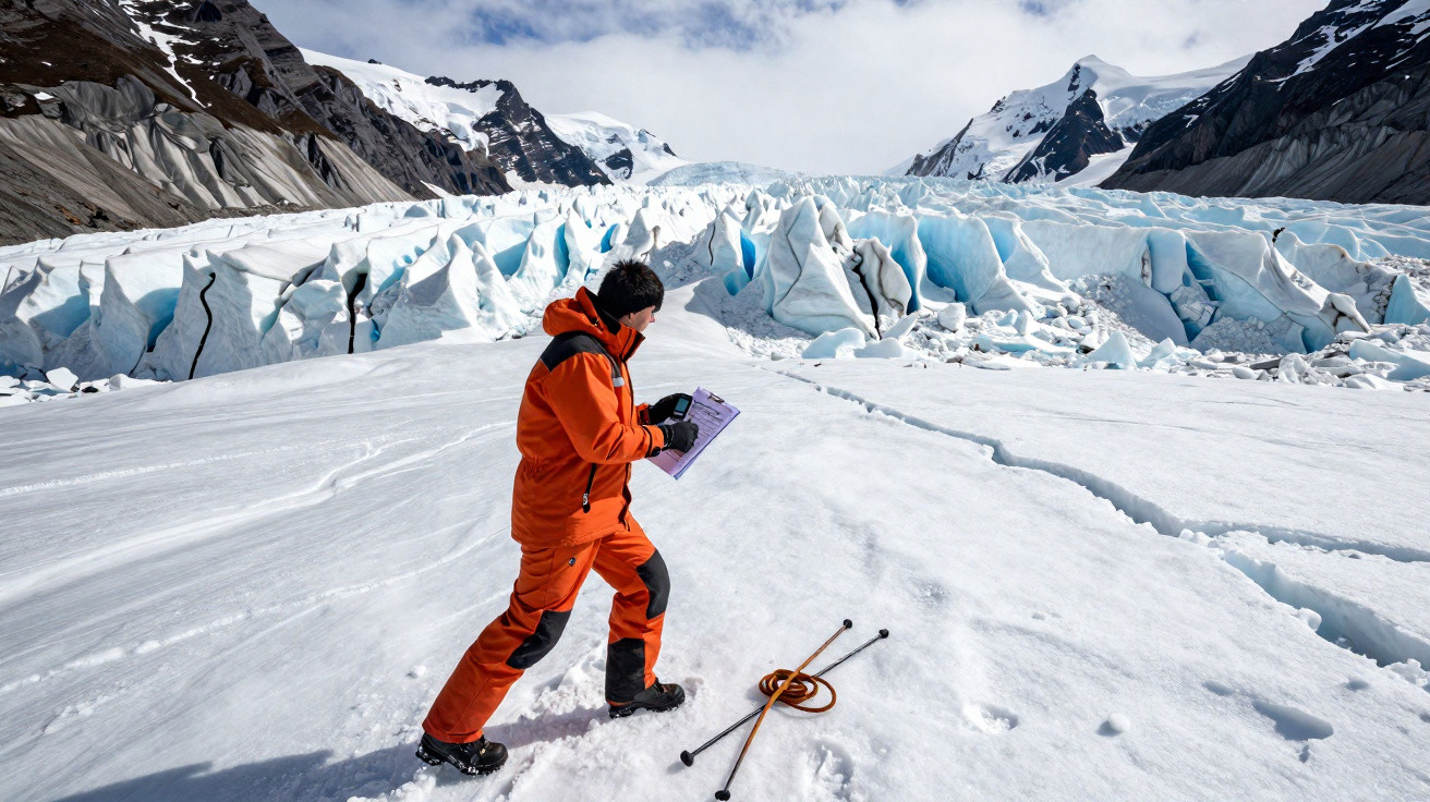 Pessoa em fato laranja a analisar o glaciar com equipamentos de medição sobre a neve.