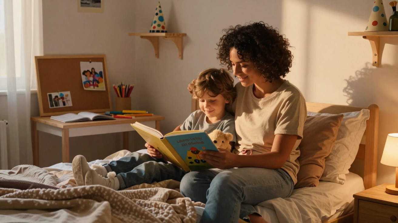 Mãe e filho sentados na cama a ler um livro numa sala acolhedora e iluminada ao final da tarde.