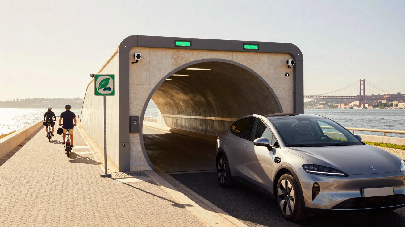 Carro elétrico junto a túnel e ciclistas numa ciclovia junto ao rio com ponte ao fundo em dia solarengo.