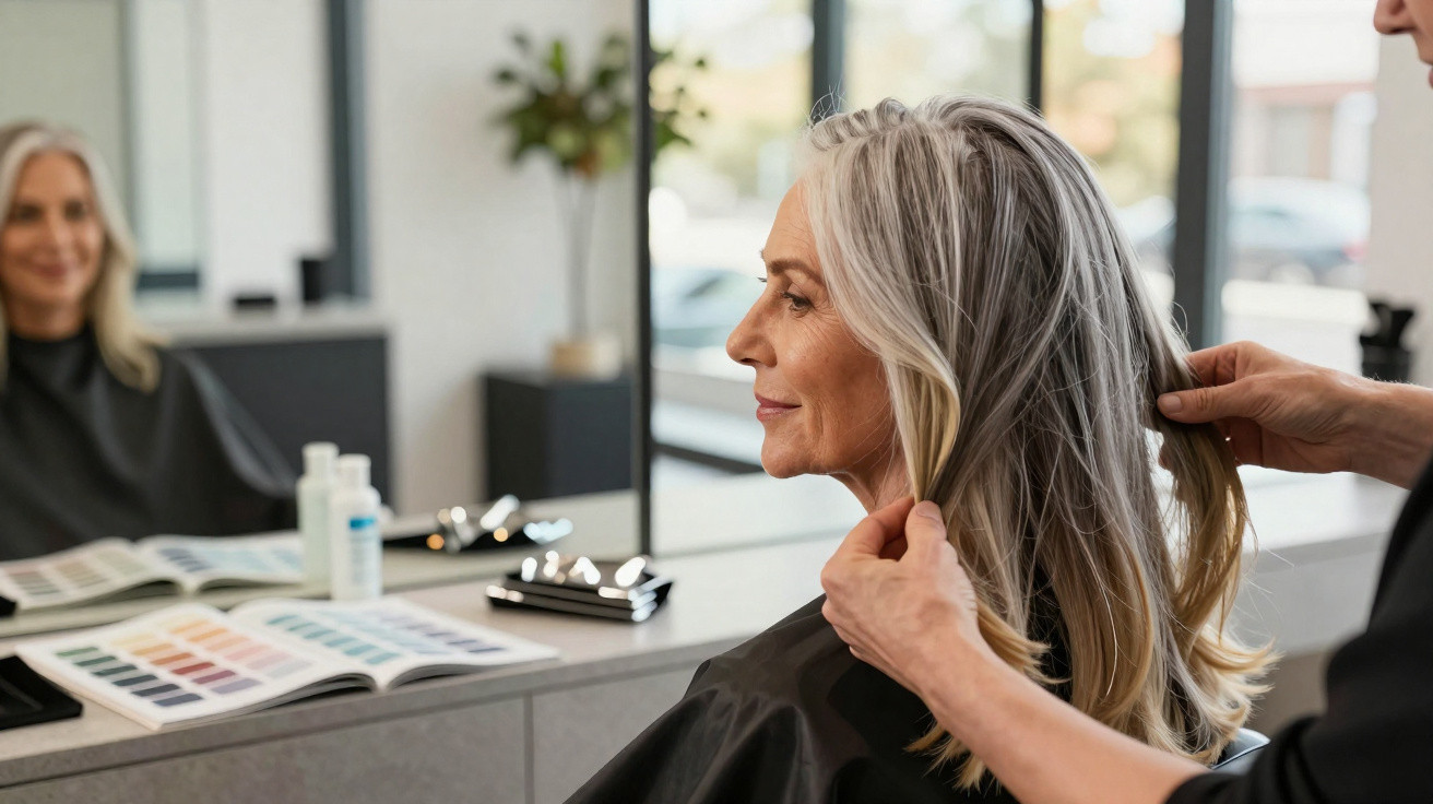 Mulher com cabelo grisalho a ser penteada num salão de beleza, com catálogo de cores à frente.