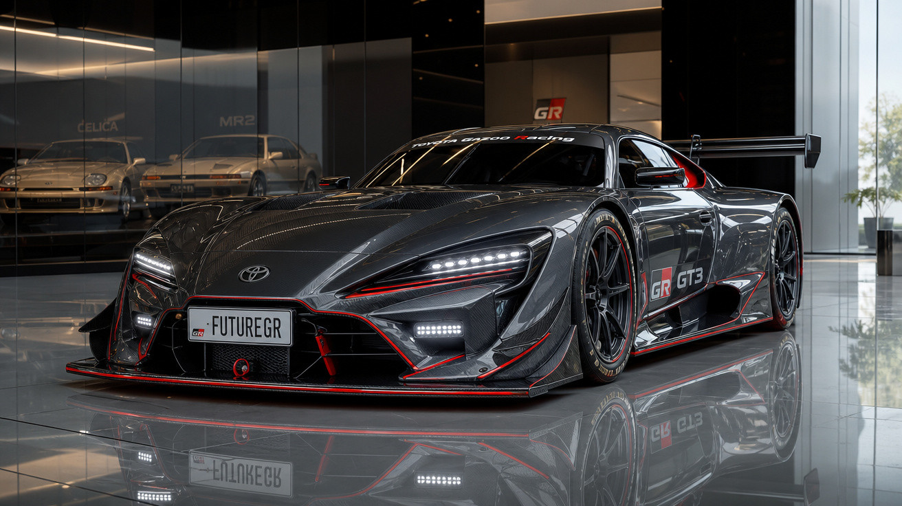Carro de corridas Toyota GR GT3 cinzento com detalhes vermelhos, em exposição num salão moderno.